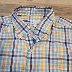Peter Millar Shirt Mens Large Blue‎ Check Button Down Chest Pocket Long Sleeve